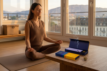 Load image into Gallery viewer, Woman meditating in lotus position in her home yoga studio with Artisanal delight incense burning inside a brass incense burner