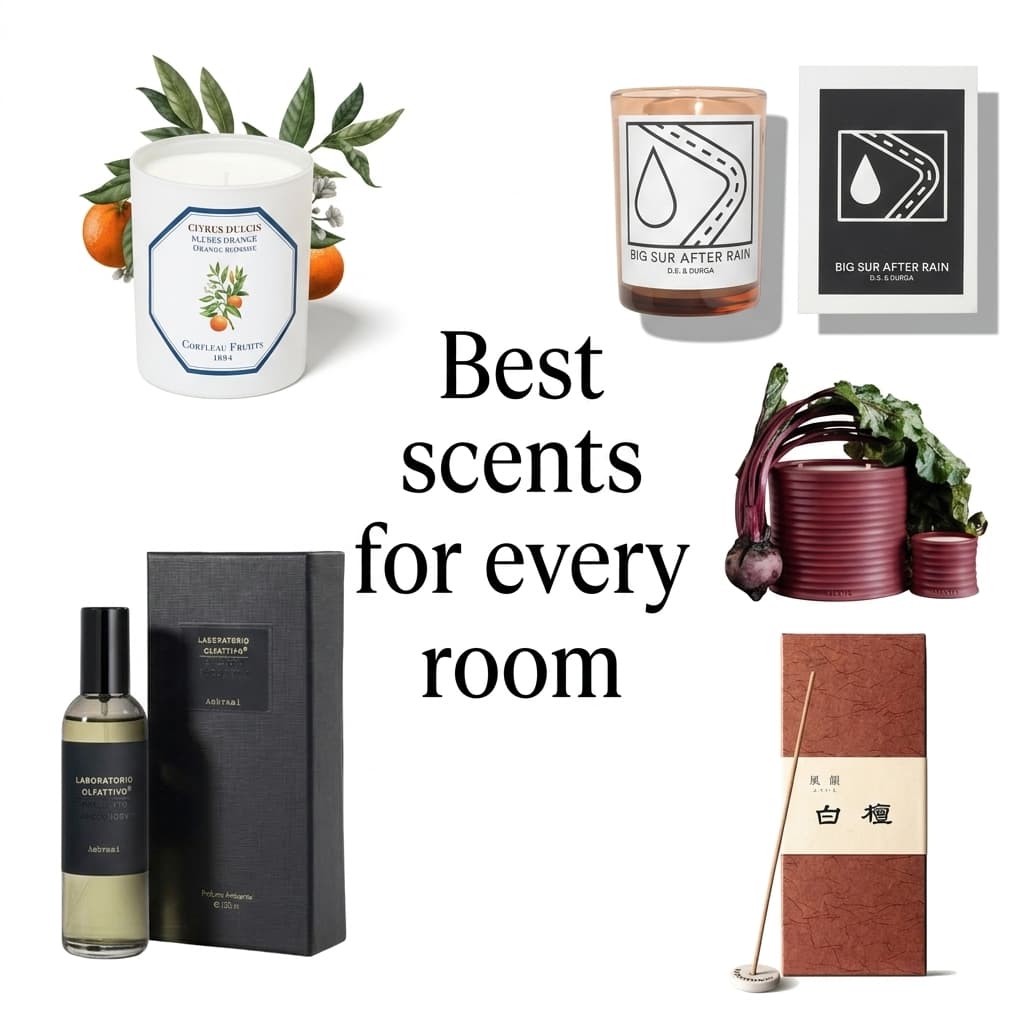 Flat-lay of home fragrance products — candles, incense, and room sprays — for a room-by-room scenting guide