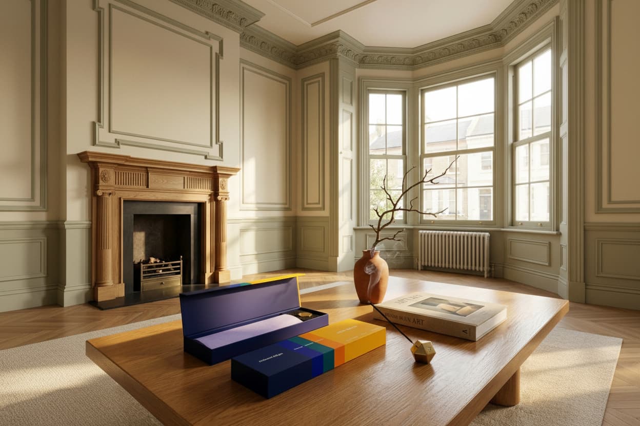 Artisanal delight incense and brass burner set placed in the living room with a fireplace, large windows, and a wooden coffee table with decorative items.