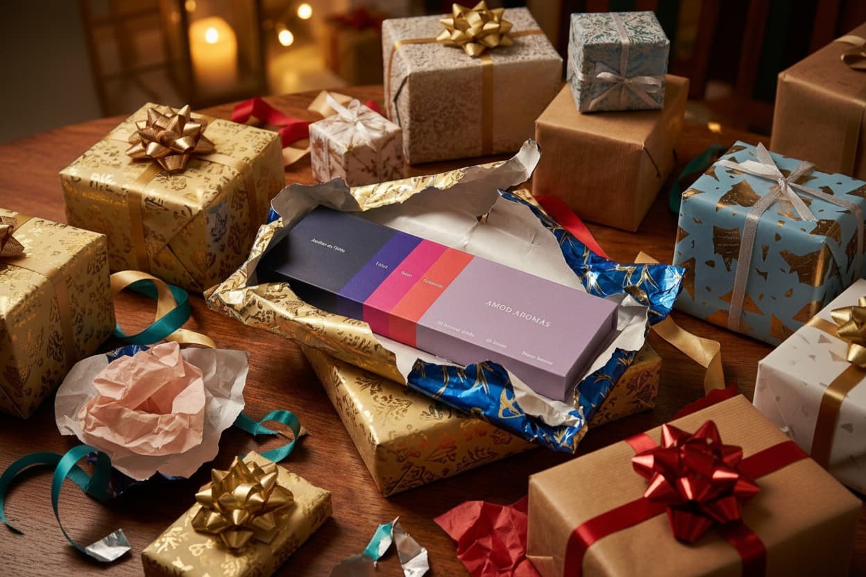 Amod aromas floral incense Jardins de l'Inde placed among an assorted wrapped Christmas gifts with ribbons on a wooden surface.