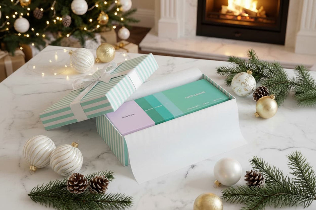 Amod aromas Scent waves incense presented in a gift box with festive decorations on a marble surface near a Christmas tree and fireplace.