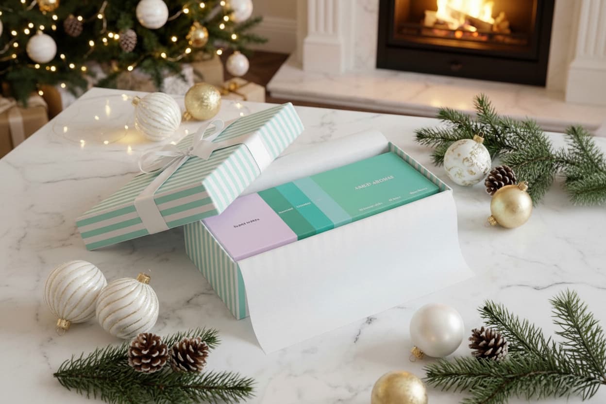 Amod aromas Scent waves incense presented in a gift box with festive decorations on a marble surface near a Christmas tree and fireplace.