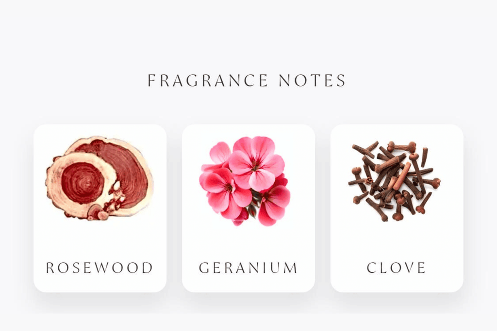 Fragrance notes Rosewood, Geranium, and Clove of scent waves incense, on a white background.