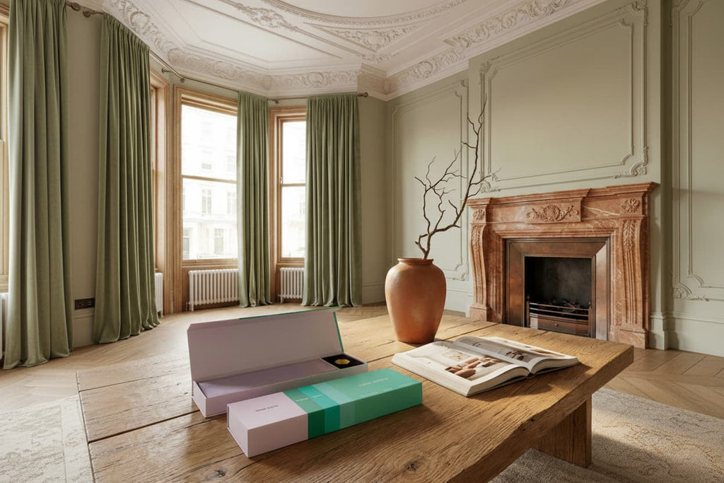 Amod aromas scent waves incense placed in a living room with wooden coffee table, open book, and decorative items.