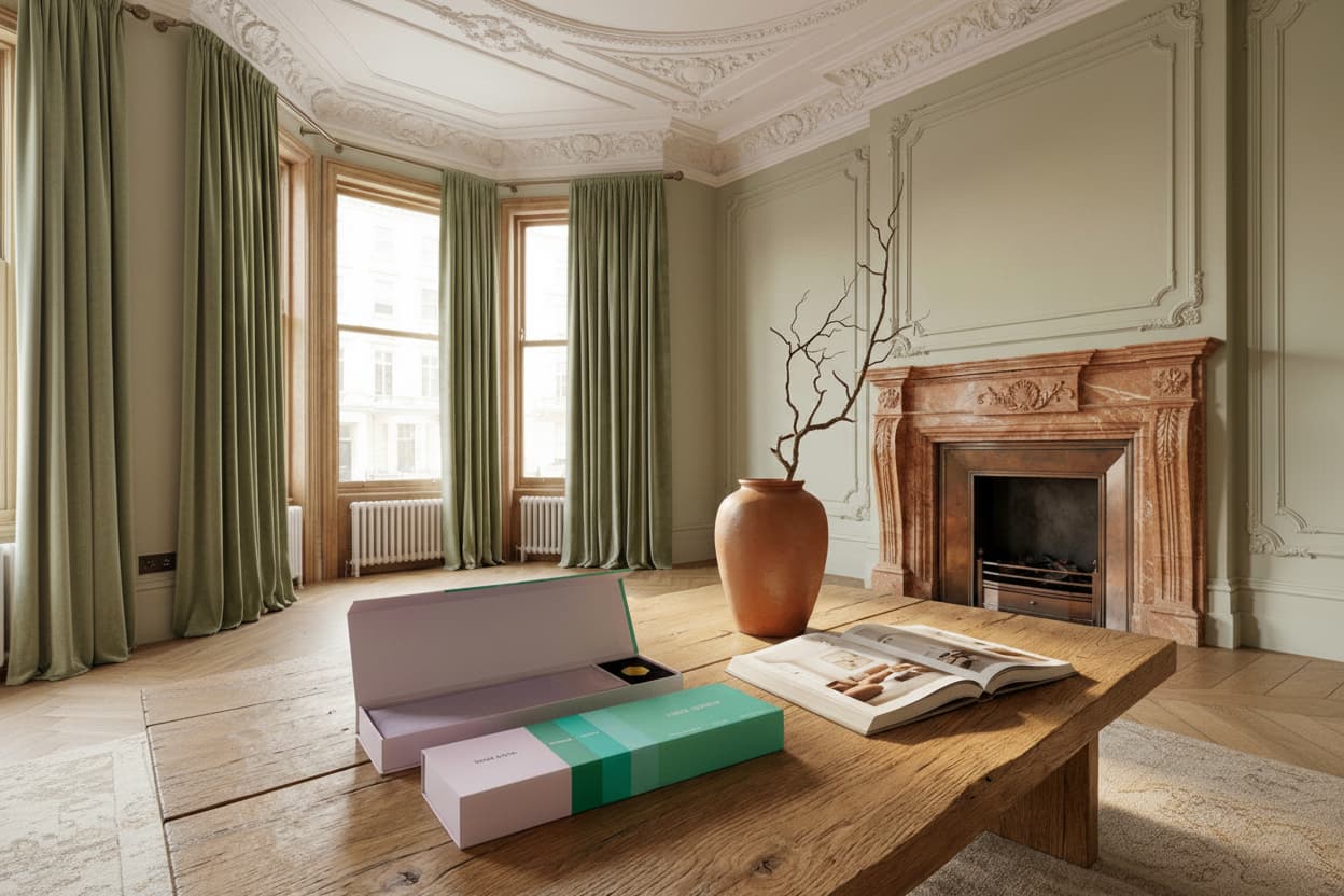 Amod aromas scent waves incense placed in a living room with wooden coffee table, open book, and decorative items.