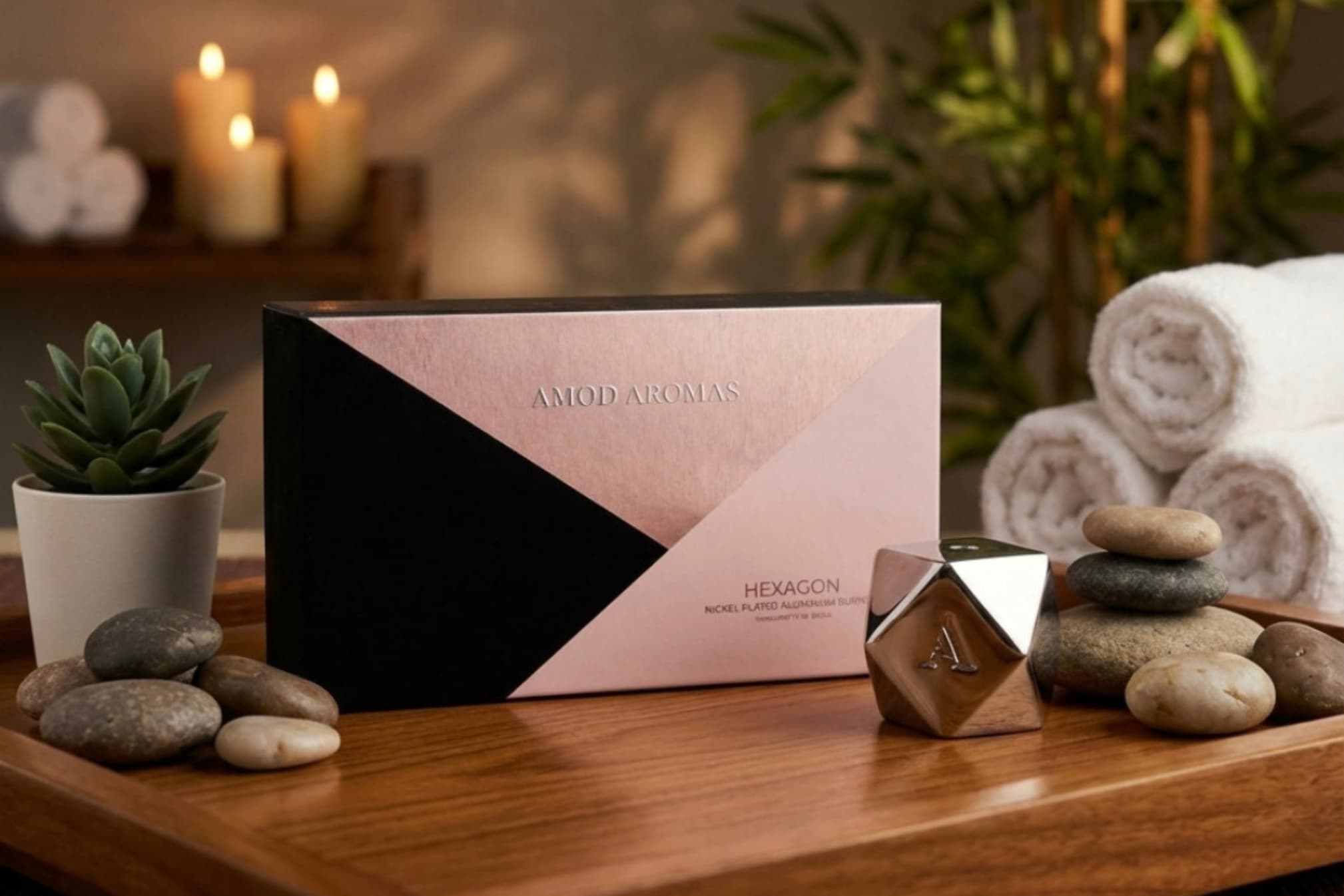 Nickel-plated Hexagon incense burner packed inside its magnetic click-top box, ready for gifting.