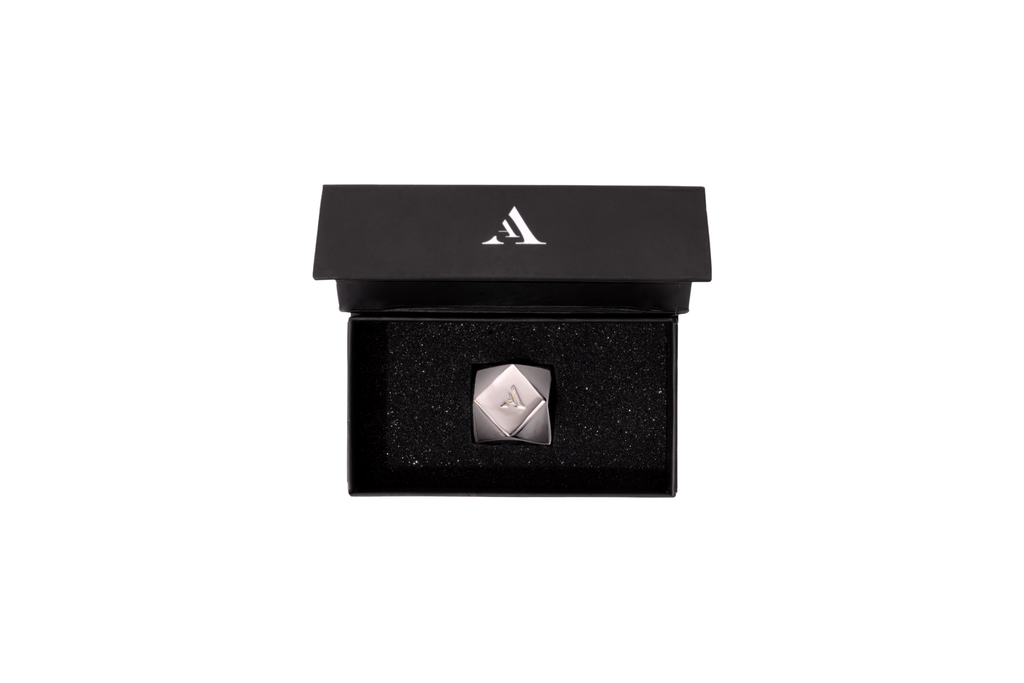 Nickel-plated Hexagon incense burner shown alongside its magnetic click-top gift box with foam insert.
