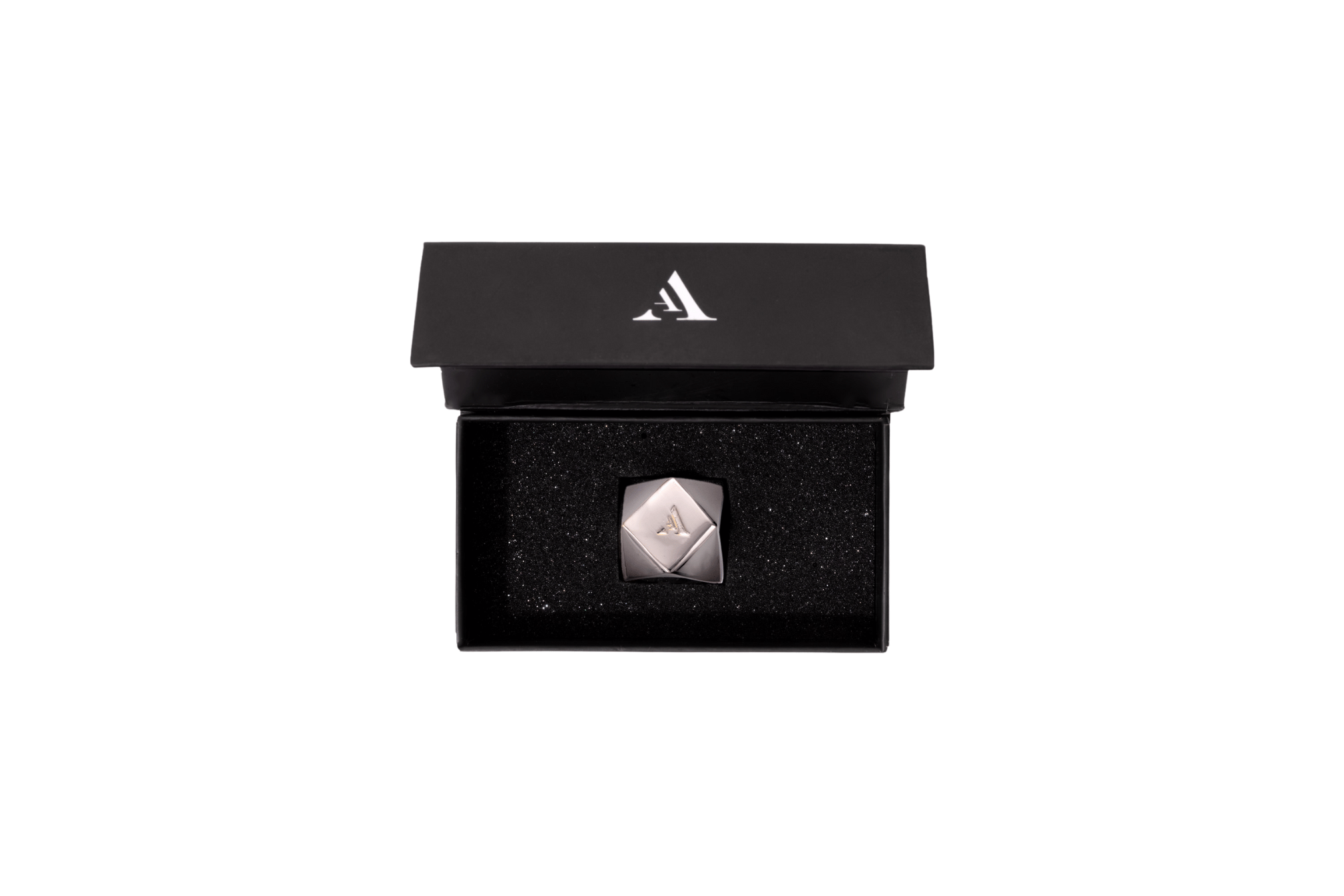 Nickel-plated Hexagon incense burner shown alongside its magnetic click-top gift box with foam insert.