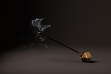 Load image into Gallery viewer, Incense burner made of aluminum with antique brass plating for rustic finish. Comes packed in a magnetic click top box with a foam insert Ideal for Japanese and Indian style incense.
