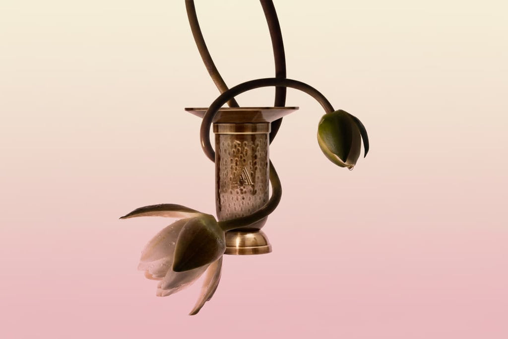 Unique Brass Funnel burner inspired by traditional apothecary tools for sculptural scent.
