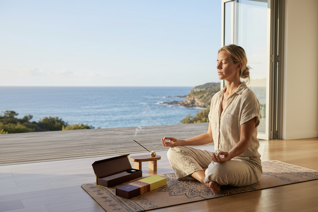 Woman meditating in a home yoga studio with woody balsamic notes of exotique incense next to a large window overlooking the ocean.